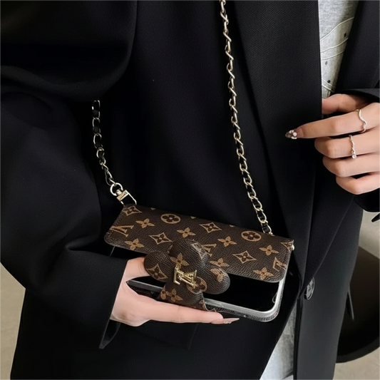 Stylish LV Print Multifunctional iPhone Crossbody Case - with Chain Strap, Stand & Card Slots