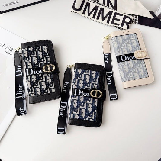CD Elegant Pattern Wallet iPhone Case with Detachable Wrist Strap