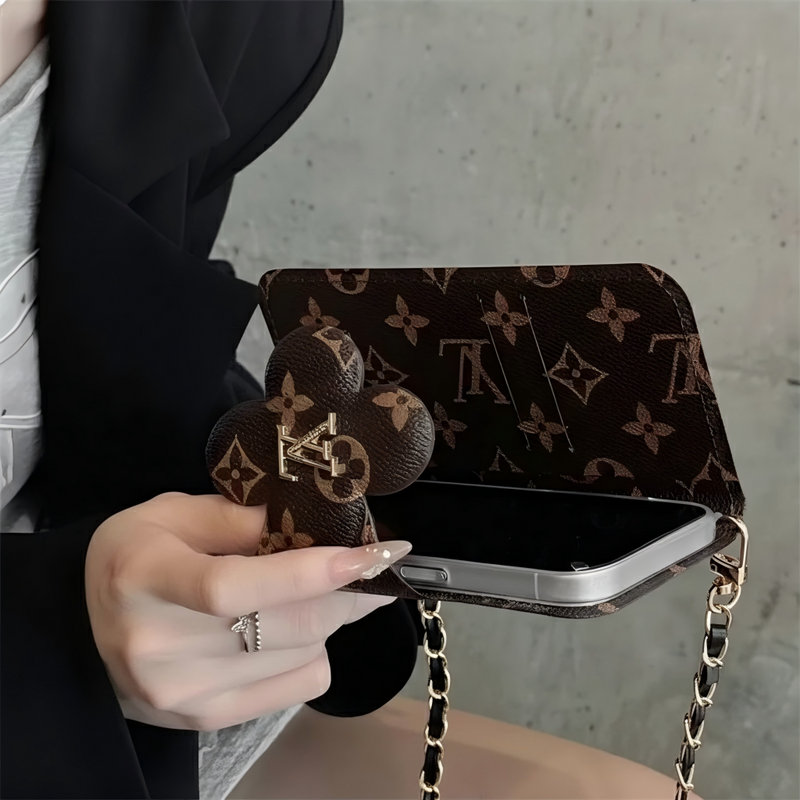 Stylish LV Print Multifunctional iPhone Crossbody Case - with Chain Strap, Stand & Card Slots