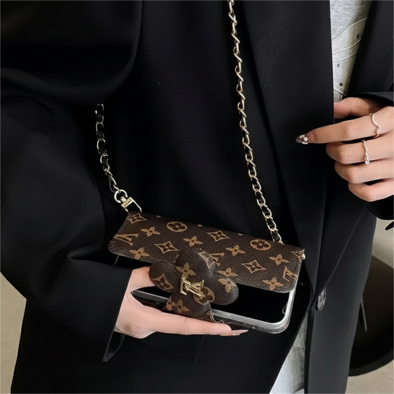Stylish LV Print Multifunctional iPhone Crossbody Case - with Chain Strap, Stand & Card Slots