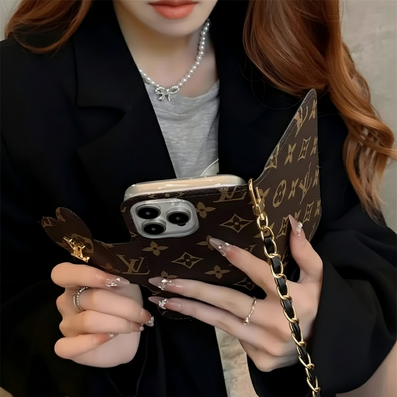 Stylish LV Print Multifunctional iPhone Crossbody Case - with Chain Strap, Stand & Card Slots