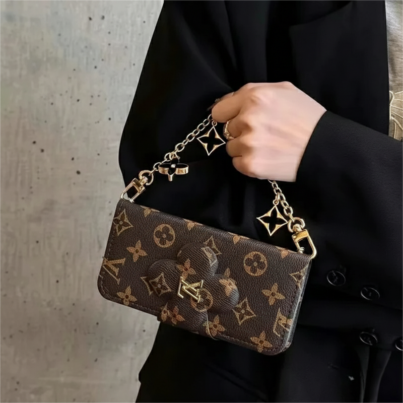 Stylish LV Print Multifunctional iPhone Crossbody Case - with Chain Strap, Stand & Card Slots
