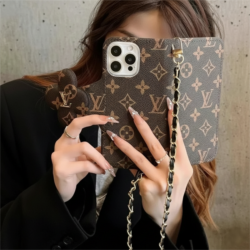Stylish LV Print Multifunctional iPhone Crossbody Case - with Chain Strap, Stand & Card Slots
