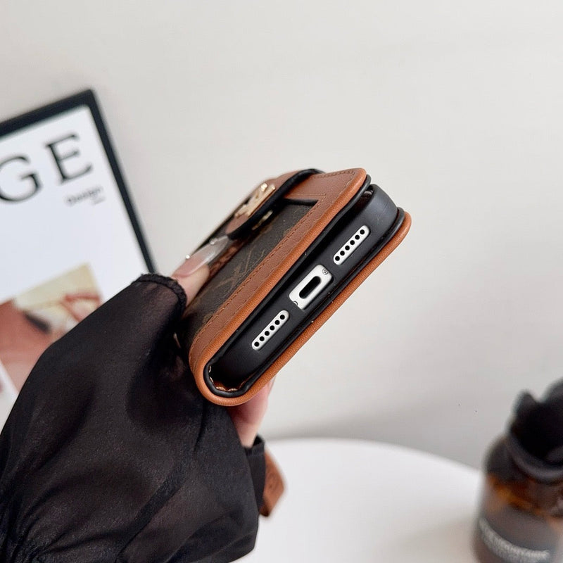 Lou Luxury Pattern Wallet iPhone Case with Card Holder and Strap