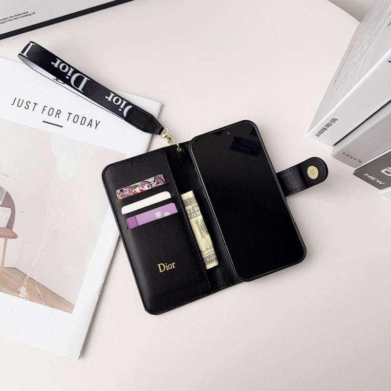 CD Elegant Pattern Wallet iPhone Case with Detachable Wrist Strap