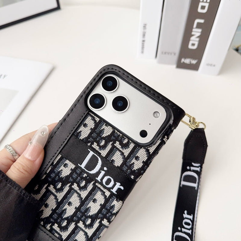 CD Elegant Pattern Wallet iPhone Case with Detachable Wrist Strap