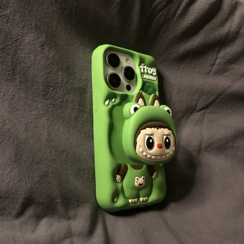 Cute Cartoon Labubu Zimomo Silicone with Stand | Brown/Pink - iPhone Case